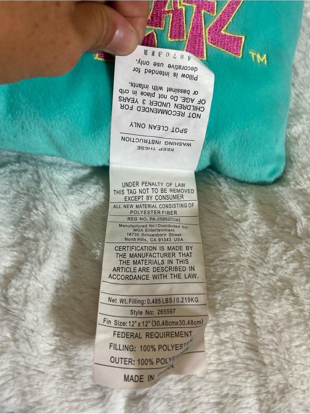 Vtg 2003 BRATZ Slumber Party JADE Plush PILLOW MGA-Aqua Green-w/Tags-12"x12” - Picture 8 of 12